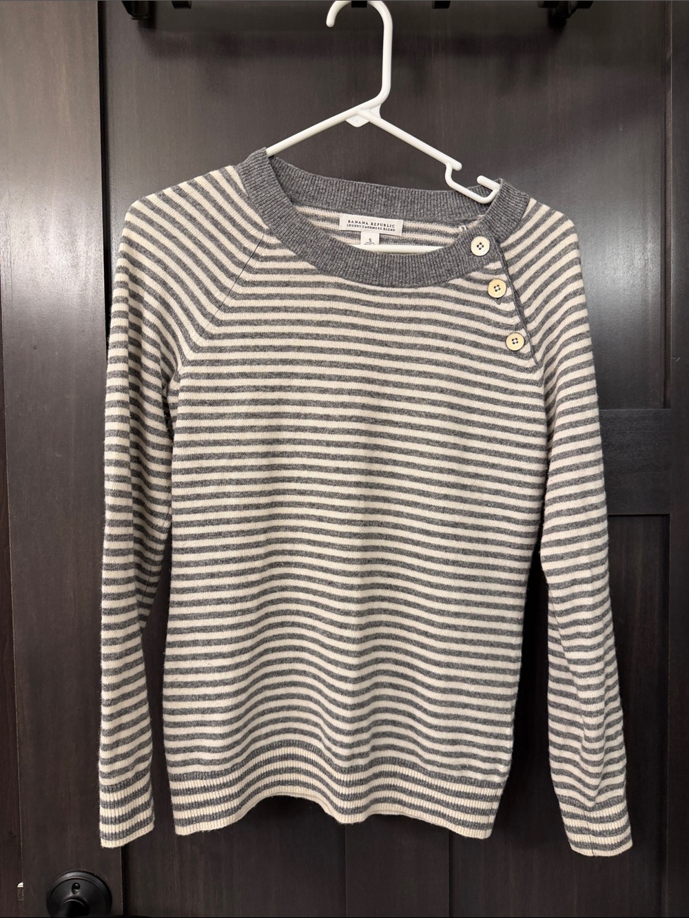 Banana Republic Women’s Gray & Cream Striped Button-Shoulder Sweater- Sz Small